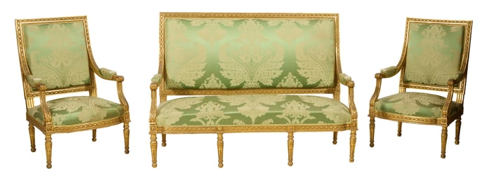 Three Piece French Louis XVI Style Giltwood Seating Group, mid 19th c., Settee- H.- 45 in., W.- 62