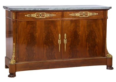 French Empire Ormolu Mounted Marble Top Mahogany Sideboard, early 19th c., in the manner of Paul