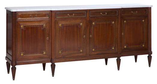 French Louis XVI Style Marble Top Walnut Enfilade, 20th c., H.- 42 in., W.- 96 in., D.- 21 1/2 in.