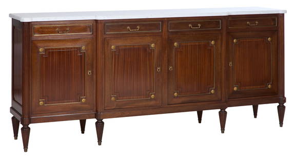 French Louis XVI Style Marble Top Walnut Enfilade, 20th c., H.- 42 in., W.- 96 in., D.- 21 1/2 in.: French Louis XVI Style Marble Top Walnut Enfilade, 20th c., the breakfront top with cookie corners, conforming base, four frieze drawers, four lower cabinets, on fluted tapered legs with brass caps, H