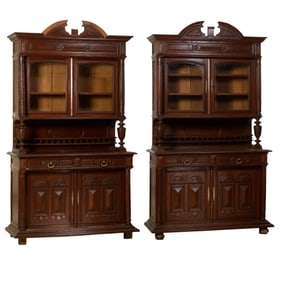 Pair of French Henri II Style Carved Walnut Buffet a Deux Corps, 19th c., Each- H.- 97 1/2 in., W.-
