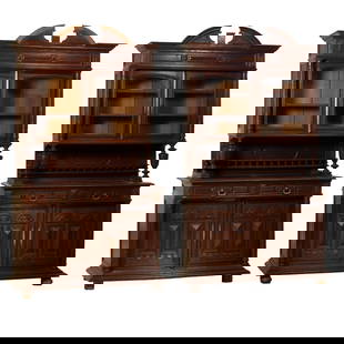 Pair of French Henri II Style Carved Walnut Buffet a Deux Corps, 19th c., Each- H.- 97 1/2 in., W.-: Pair of French Henri II Style Carved Walnut Buffet a Deux Corps, 19th c., the broken pediment crests over lozenge frieze with leaf carved blocks, spandrel shaped glazed doors, shelved interior, flanke
