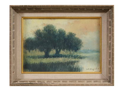 Alexander John Drysdale (Louisiana, 1870-1934), "Louisiana Bayou Scene," c. 1914, Sight- H.- 6 3/8: Alexander John Drysdale (Louisiana, 1870-1934), "Louisiana Bayou Scene," c. 1914, oil on artist board, signed and dated lower right, presented in a linen line wood frame, Sight- H.- 6 3/8 in., W.- 9 3