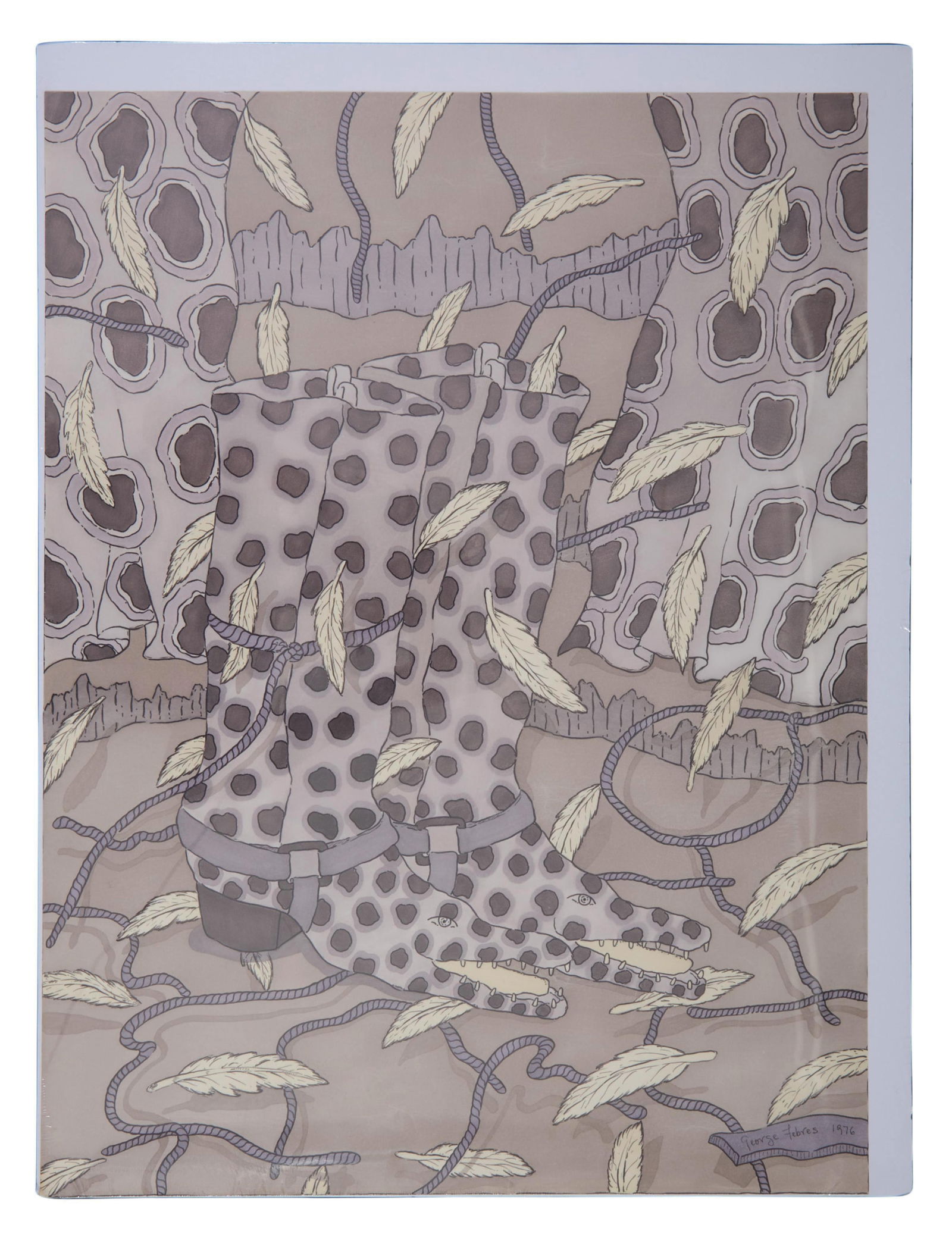 George Febres (Ecuadorian/Louisiana, 1943-1996), "Alligator Boots," 1976, Paper- H.- 23 3/4 in., W.-: George Febres (Ecuadorian/Louisiana, 1943-1996), "Alligator Boots," 1976, marker and pen on paper, signed and dated lower right, unframed, gallery wrapped on foam board, Paper- H.- 23 3/4 in., W.- 18