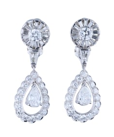 Pair of Platinum Diamond Pendant Earrings, Total Diamond Wt.- 5.75 carats, Each- H.- 1 1/2 in., W.-
