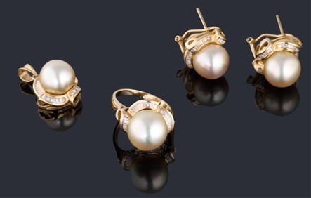 Four Piece 14K Yellow Gold Diamond and Pearl Set, Total Diamond Wt.- 2.40 carats, Ring- 5.