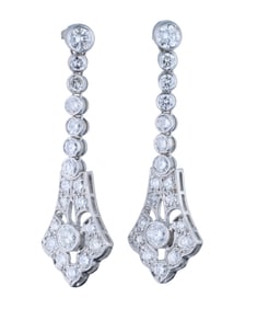 Pair of Platinum Diamond Drop Earrings, early 20th c., Each- H.- 1 3/4 in., W.- 1/2 in. (2 Pcs.)