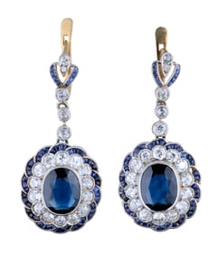 Pair of Edwardian Platinum and 18K Yellow Gold Sapphire and Diamond Earrings, c. 1900,