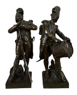 After Etienne Dumiage (French, 1830-1888), "Avant Combat, 1792," and "Apres Combat, 1792," 20th c.,: After Etienne Dumiage (French, 1830-1888), "Avant Combat, 1792," and "Apres Combat, 1792," 20th c., pair of large patinated bronzes of soldiers, each with a name plaque "Grenadier" and "Volontaire," E
