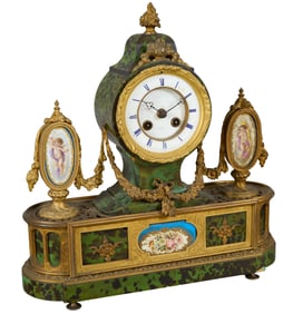 French Bronze, Marble, Tortoise Shell and Porcelain Mantel Clock, by J. Silvani, Paris, 19th c., H.-