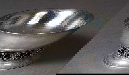 Large Sterling Silver Danish Modern Style Punch Bowl, c. 1950, App. Total Sterling Wt.- 48.9 Troy: Large Sterling Silver Danish Modern Style Punch Bowl, c. 1950, #9571, in the Jensen taste, hand hammered, the tapering circular bowl on a pierced floral support, to a stepped circular base, App. Total