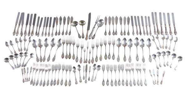 One Hundred Twenty-Three Piece German 800 Silver Flatware Service, 20th c., App. Total 800 Silver: One Hundred Twenty-Three Piece German 800 Silver Flatware Service, 20th c., consisting of 12 dinner forks, 12 luncheon forks, 12 cake forks, 11 tablespoons,12 cream soups, 12 teaspoons, 12 fish knives