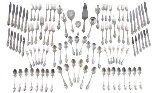 One Hundred Piece Gorham Sterling Dinner Service, App. Total Sterling Wt.- 140.57 Troy oz., Chest-: One Hundred Piece Gorham Sterling Dinner Service, in the "La Scala" pattern, consisting of 12 dinner forks, 12 salad forks, 12 oyster forks, 12 cold soup spoons, 16 teaspoons, 12 butter knives, 12 din