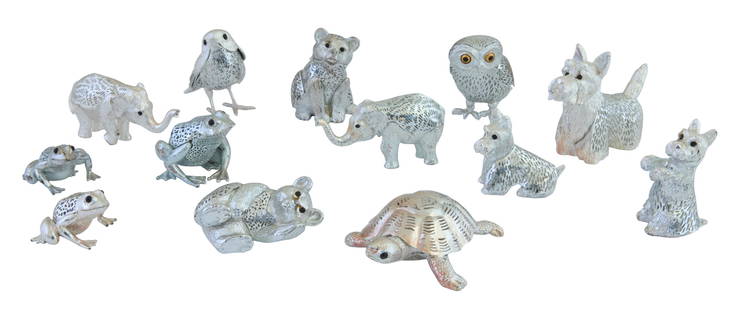 Group of Thirteen Diminutive Christofle Silver Plate Animals 20th/21st c., Owl- H.- 2 1/4 in., W.- 1: Group of Thirteen Diminutive Christofle Silver Plate Animals 20th/21st c., with onyx bead eyes, consisting of 2 elephants, 3 Scottie dogs, an owl, a bird, a turtle, 2 frogs, 2 bears, and a mouse, in o