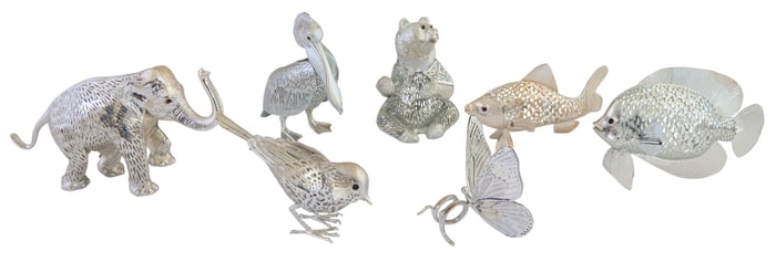Seven Large Christofle Silver Plate Figures of Animals, 20th/21st c., Pelican- H.- 4 1/2 in., W.- 4