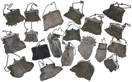 Group of Twenty Lady's Mesh Clutch Handbags, late 19th/early 20th c., Largest- H.- 13 in., W.- 6 1/2