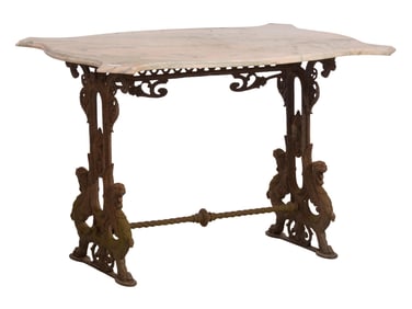 American Cast Iron Marble Top Garden Table, mid 19th c., H.- 27 3/4 in., W.- 42 in., D.- 30 in.