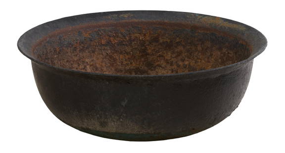 Louisiana Cast Iron Sugar Kettle, early to mid 19th c., H.- 21 in., D.- 48 in.: Louisiana Cast Iron Sugar Kettle, early to mid 19th c., the flared rim over deep round bowl, H.- 21 in., D.- 48 in.