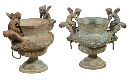 Pair of Patinated Bronze Cherub Jardinieres, 20th c., Each- H.- 31 in., W.- 31 in., D.- 20 in. (2