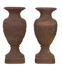 Large Classical Baluster Form Cast Iron Garden Urns, early to mid 20th c., Each- H.- 51 in., W.- 19