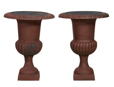 Campana Form Cast Iron Planters, 20th c., Each- H.- 29 in., Dia.- 22 1/2 in. (2 Pcs.)