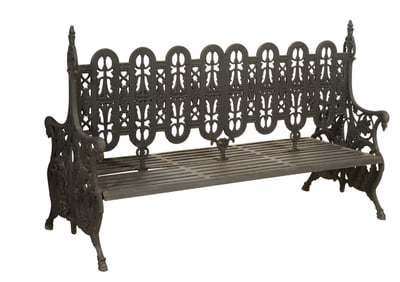 Ornate Double Sided Wrought Iron Park Bench, 20th c., H.- 48 in., W.- 77 in., D.- 34 1/2 in.
