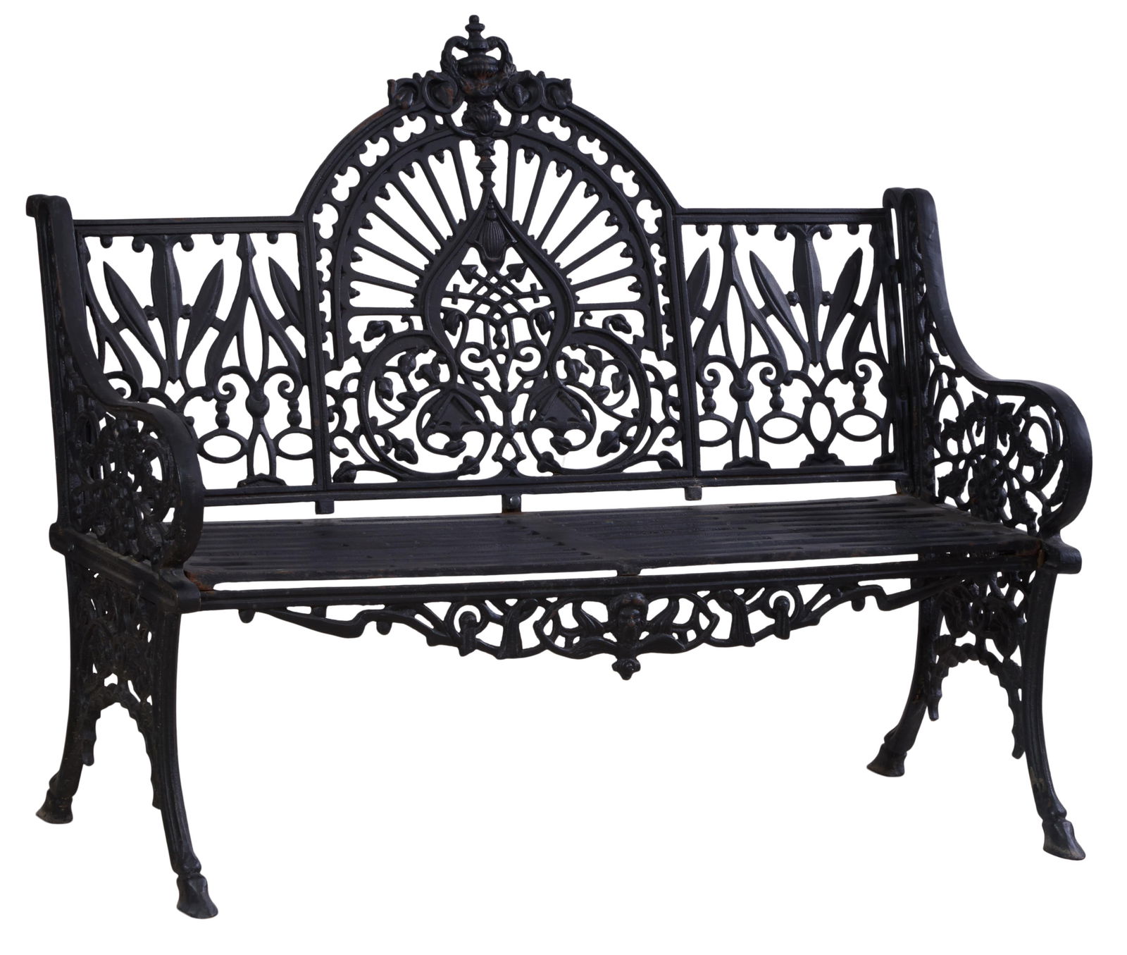 American Aesthetics Cast Iron Garden Bench, 21st c., H.- 43 in., W.- 51 in., D.- 25 in. (1 of 1)