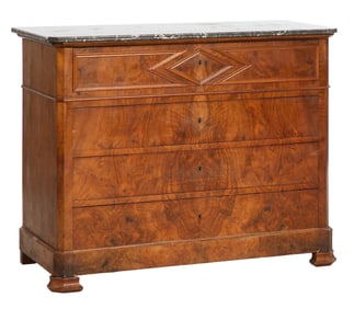 French Louis Philippe Marble Top Walnut Commode, mid 19th c., H.- 39 1/2 in., W.- 50 1/4 in., D.- 23