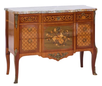 French Louis XVI Style Ormolu Mounted Marble Top Marquetry Commode, 20th c., H.- 35 1/2 in., W.- 46