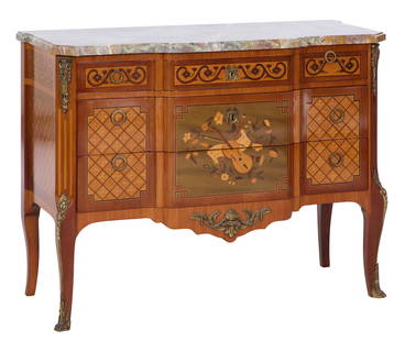 French Louis XVI Style Ormolu Mounted Marble Top Marquetry Commode, 20th c., H.- 35 1/2 in., W.- 46: French Louis XVI Style Ormolu Mounted Marble Top Marquetry Commode, 20th c., the variegated moulded shaped marble top with canted corners, conforming case, three frieze drawers, two lower deep drawers