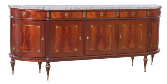 French Louis XVI Style Marble Top Walnut Enfilade, 20th c., H.- 41 in., W.- 99 in., D.- 21 1/2 in.