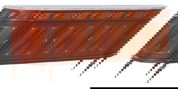 French Louis XVI Style Marble Top Walnut Enfilade, 20th c., H.- 41 in., W.- 99 in., D.- 21 1/2 in.: French Louis XVI Style Marble Top Walnut Enfilade, 20th c., the breakfront moulded edge marble top with rounded ends, conforming base with five frieze drawers over five lower cabinet doors, on fluted