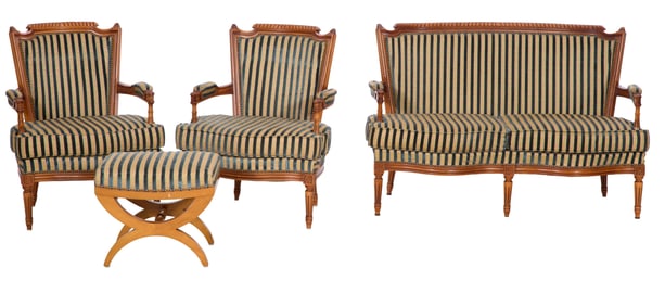 Four Piece French Louis XVI Inspired Beech Seating Group, 20th c., Sofa- H.- 34 in., W.- 52 in., D.-