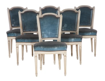 Set of Six French Louis XVI Style Creme Peinte Dining Chairs, 20th c., Each- H.- 35 1/2 in., W.- 19