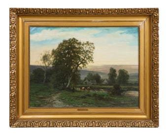 Ferdinand De Prins (Belgian, 1859-1908), "Cows Grazing by the Riverbank," H.- 23 3/4 in., W.- 31 3/4
