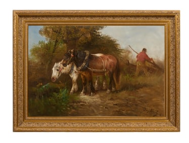 Henry Schouten (Belgian, 1859/1867-1927), "Two Horses with Foil," H.- 23 3/4 in., W.- 35 1/2 in.,