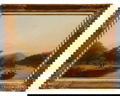 Emile Bert (Belgian, 1814-1847), "Early Morning Hunt," 1846, H.- 15 1/2 in., W.- 20 7/8 in., Framed-: Emile Bert (Belgian, 1814-1847), "Early Morning Hunt," 1846, oil on board, signed and dated lower left, presented in a faux gilt frame, H.- 15 1/2 in., W.- 20 7/8 in., Framed- H.- 20 1/4 in., W.- 25