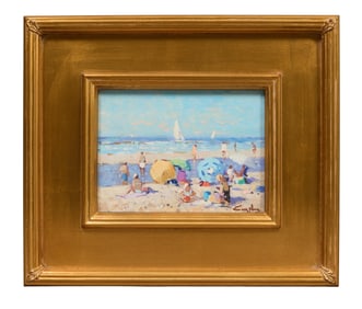 Niek van der Plas (Dutch, b. 1954), "Beach Scene," H.- 6 1/4 in., W.- 8 in., Framed- H.- 12 1/8 in.,