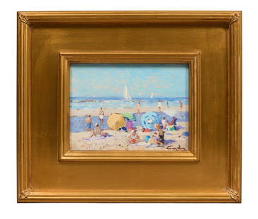 Niek van der Plas (Dutch, b. 1954), "Beach Scene," H.- 6 1/4 in., W.- 8 in., Framed- H.- 12 1/8 in.,: Niek van der Plas (Dutch, b. 1954), "Beach Scene," oil on wood panel, signed lower right, branded en verso, presented in a gilt frame, H.- 6 1/4 in., W.- 8 in., Framed- H.- 12 1/8 in., W.- 14 1/8 in.