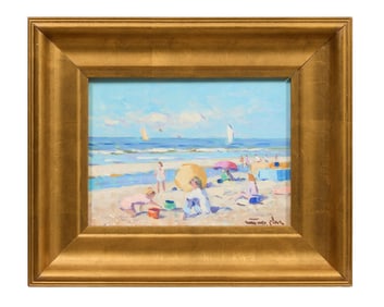 Niek van der Plas (Dutch, b. 1954), "Beach Scene," H.- 6 in., W.- 8 in., Framed- H.- 10 in., W.- 12