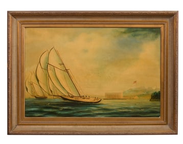 American School (19th Century), "Harbor Scene with Schooners and Old Fort," H.- 24 in., W.- 36 in.,