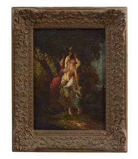 French/Continental School (19th Century), "Women and Children Picking Cherries," H.- 13 1/2 in., W.-: French/Continental School (19th Century), "Women and Children Picking Cherries," oil on canvas, monogrammed "CB" lower right, presented in a gilt frame, H.- 13 1/2 in., W.- 9 3/4 in., Framed- H.- 18