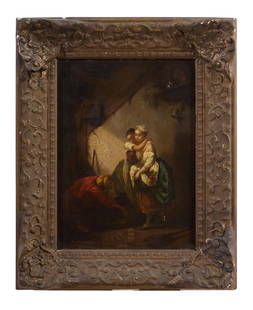 French/Continental School (19th Century), "Fortune Teller," H.- 13 1/2 in., W.- 9 3/4 in., Framed-: French/Continental School (19th Century), "Fortune Teller," oil on canvas, monogrammed "CB" lower right, presented in a giltwood frame, H.- 13 1/2 in., W.- 9 3/4 in., Framed- H.- 18 in., W.- 14 1/4