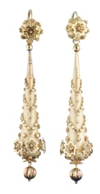 Pair of Georgian 18K Yellow Gold Cannetille Earrings, 19th c., Each- H.- 2 7/8 in., Dia.- 1/2 in. (2