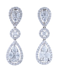 Pair of 18K White Gold Pendant Diamond Earrings, Total Diamond Wt.- app. 7.50 carats; Each- H.- 1