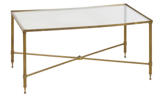 Gilt Bronze Louis XVI Style Metal and Glass Maison Jansen Style Coffee Table, 20th/21st c., H.- 16: Gilt Bronze Louis XVI Style Metal and Glass Maison Jansen Style Coffee Table, 20th/21st c., the rectangular top over a brass frame with reeded tapered legs, joined by an X- form stretcher, H.- 16 in.,