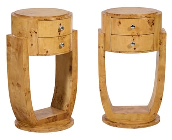 Pair of Art Deco Style Burled Cylinder Nightstands, 21st c., Each- H.- 30 in., W.- 17 1/2 in., D.-