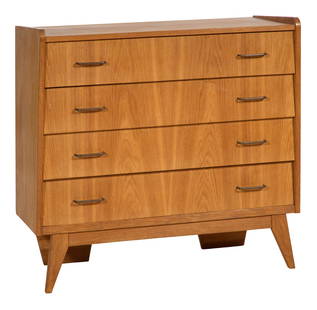 French Mid Century Modern Maple Chest, mid 20th c., H.- 36 1/2 in., W.- 40 in., D.- 19 1/2 in.: French Mid Century Modern Maple Chest, mid 20th c., the inset top over four angled drawers, on inset angled legs with apron, H.- 36 1/2 in., W.- 40 in., D.- 19 1/2 in.