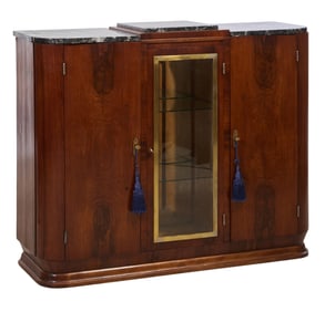 French Art Deco Brass Mounted Marble Top Flamed Walnut Console, early 20th c., H.- 41 in., W.- 50