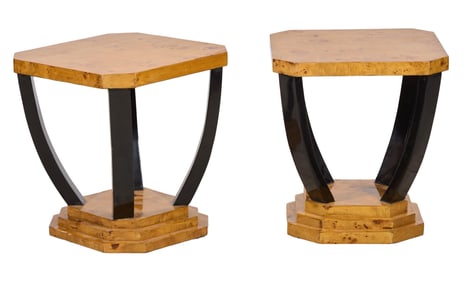 Pair of Art Deco Style Burled Side Tables, 21st c., H.- 22 in., W.- 19 1/2 in., D.- 19 1/2 in.